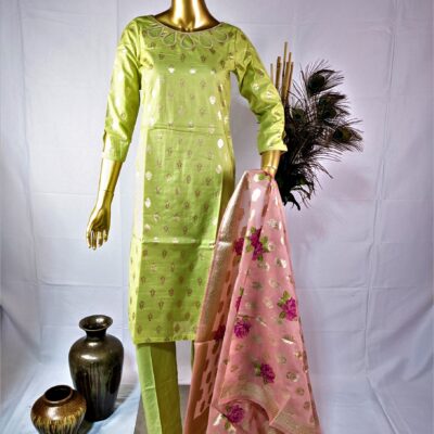 Light Green and Pink Chanderi Silk 3 Pcs Banarasi Suit