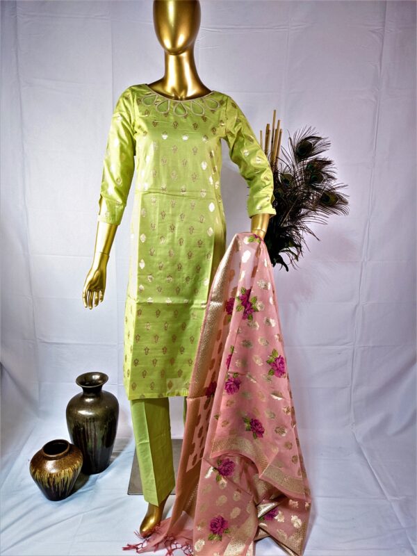 Light Green and Pink Chanderi Silk 3 Pcs Banarasi Suit