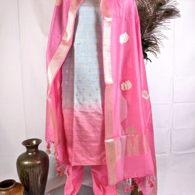 Ice Blue and Pink Chanderi Silk 3 Pcs Banarasi Suit