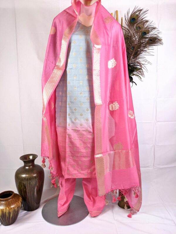 Ice Blue and Pink Chanderi Silk 3 Pcs Banarasi Suit