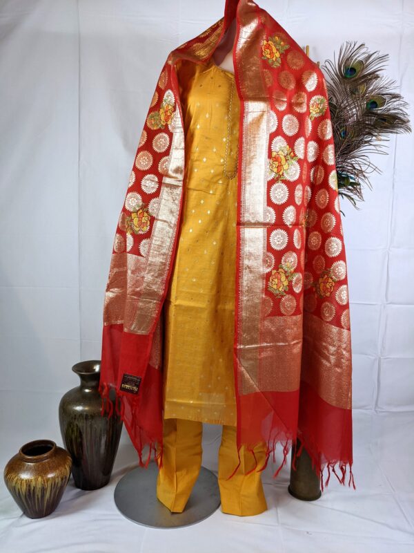 Yellow and Red Chanderi Silk 3 Pcs Banarasi Suit