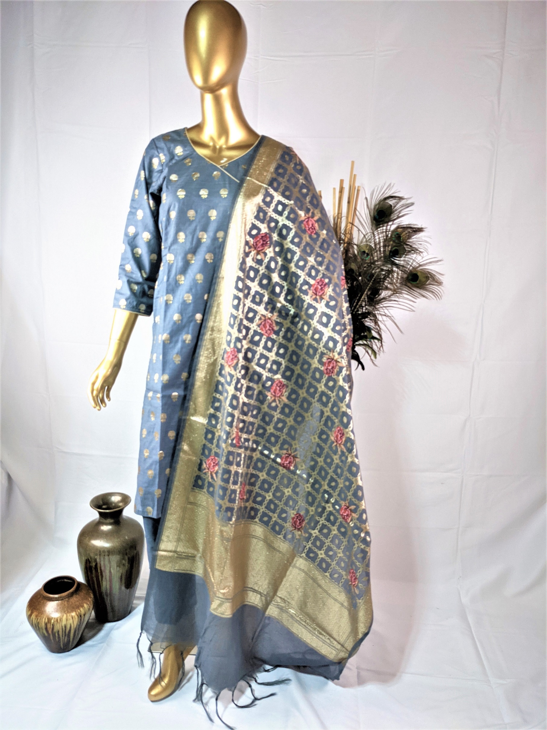 Gray Chanderi Silk 3 Pcs Banarasi Suit