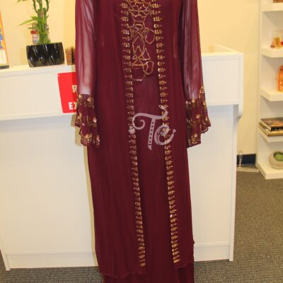 Floor Length Long Embroidered Designer Gown with Jacket in Maroon Color