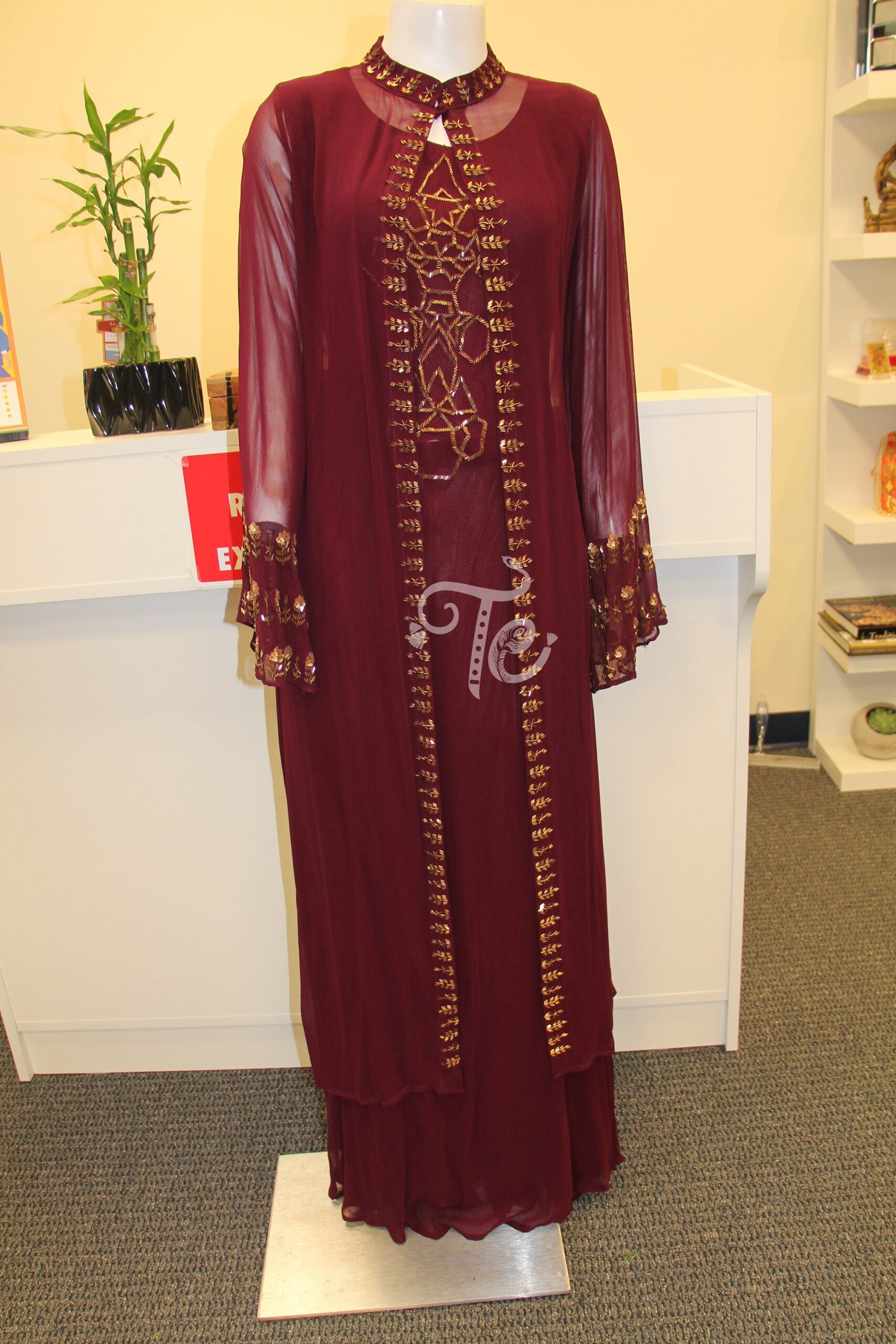 Floor Length Long Embroidered Designer Gown with Jacket in Maroon Color