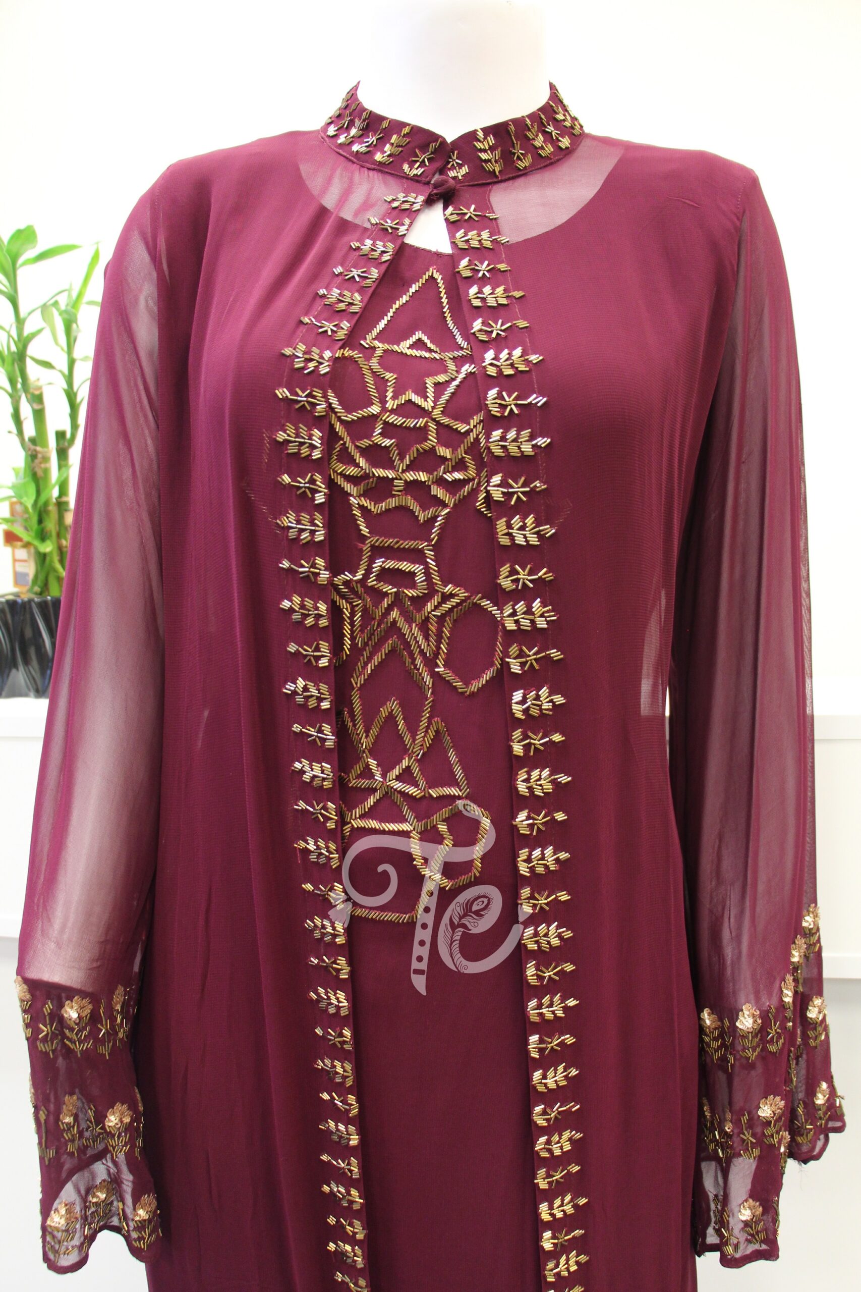 Floor Length Long Embroidered Designer Gown with Jacket in Maroon Color