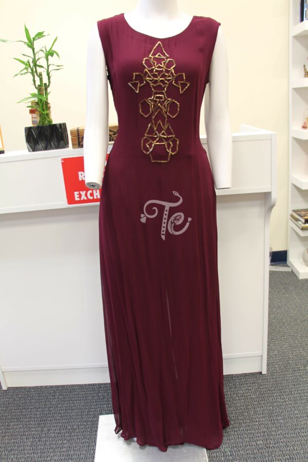 Floor Length Long Embroidered Designer Gown with Jacket in Maroon Color