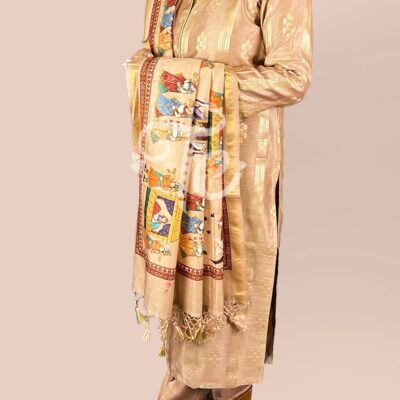 Chikoo Color Pure Chanderi Silk Banarasi Handloom Suit with Digitally Printed Pichwai Dupatta