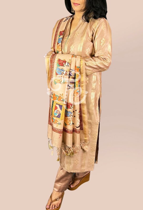 Chikoo Color Pure Chanderi Silk Banarasi Handloom Suit with Digitally Printed Pichwai Dupatta