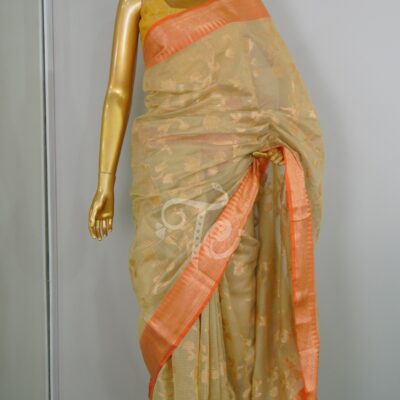 Beige and Orange Mercerised Cotton Banarasi Saree