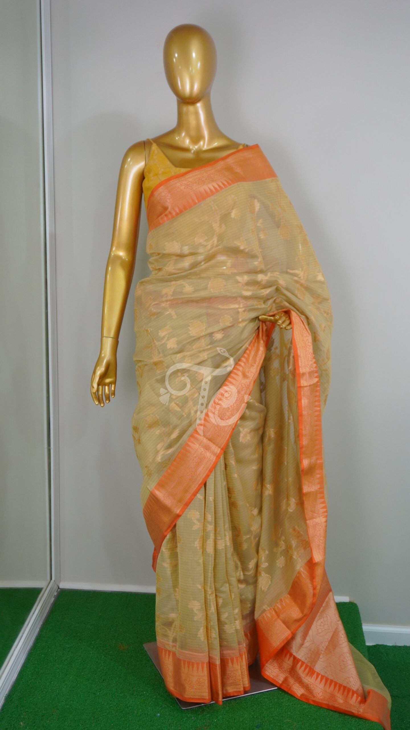 Beige and Orange Mercerised Cotton Banarasi Saree