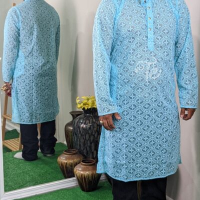 Sky Blue Chikankari Style Men's Ethnic Kurta Payjama Set