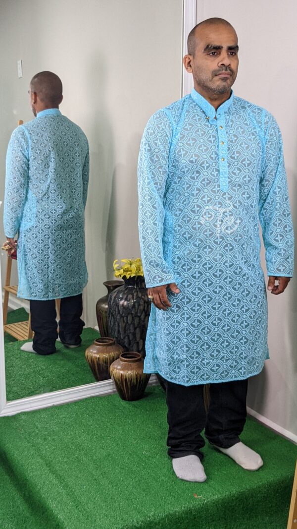 Sky Blue Chikankari Style Men's Ethnic Kurta Payjama Set