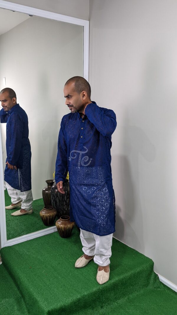 Navy Blue Chikankari Style Men's Ethnic Kurta Payjama Set