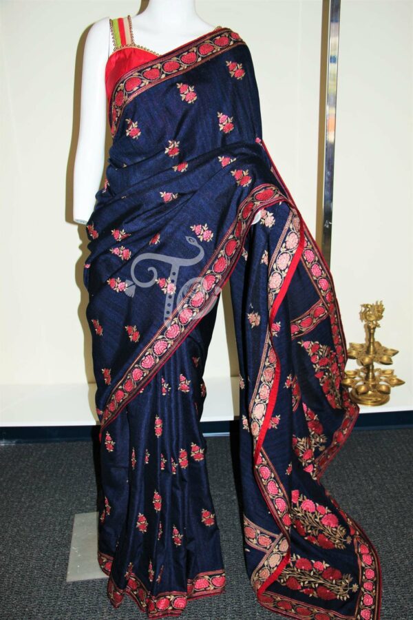 Navy Blue Resham Embroidered Fancy Silk Saree