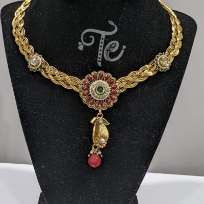 Stone and Pearl Hasli Style Necklace Set in Gold and Red Color