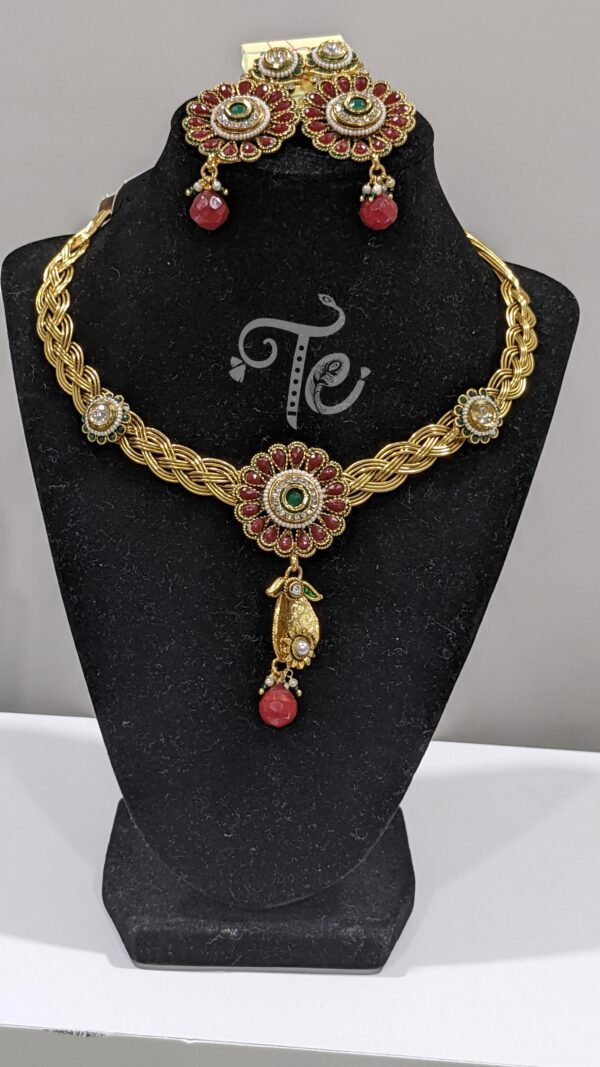 Stone and Pearl Hasli Style Necklace Set in Gold and Red Color