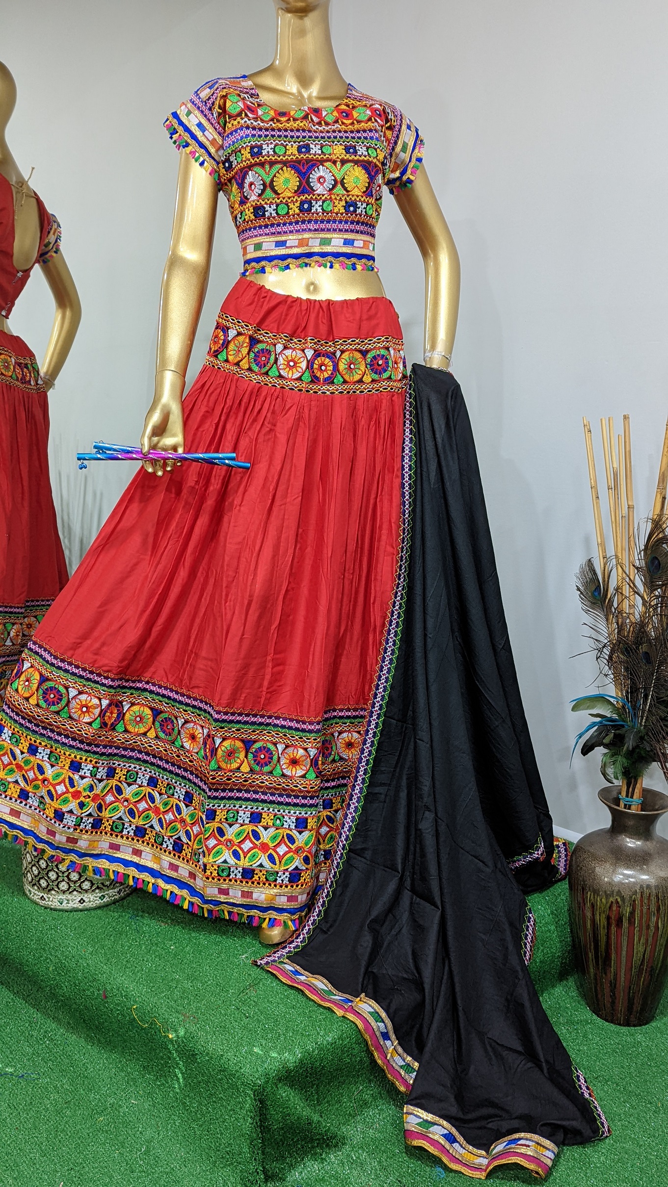 Red Color Rayon Traditional Gamthi Work Navaratri Chaniya Choli