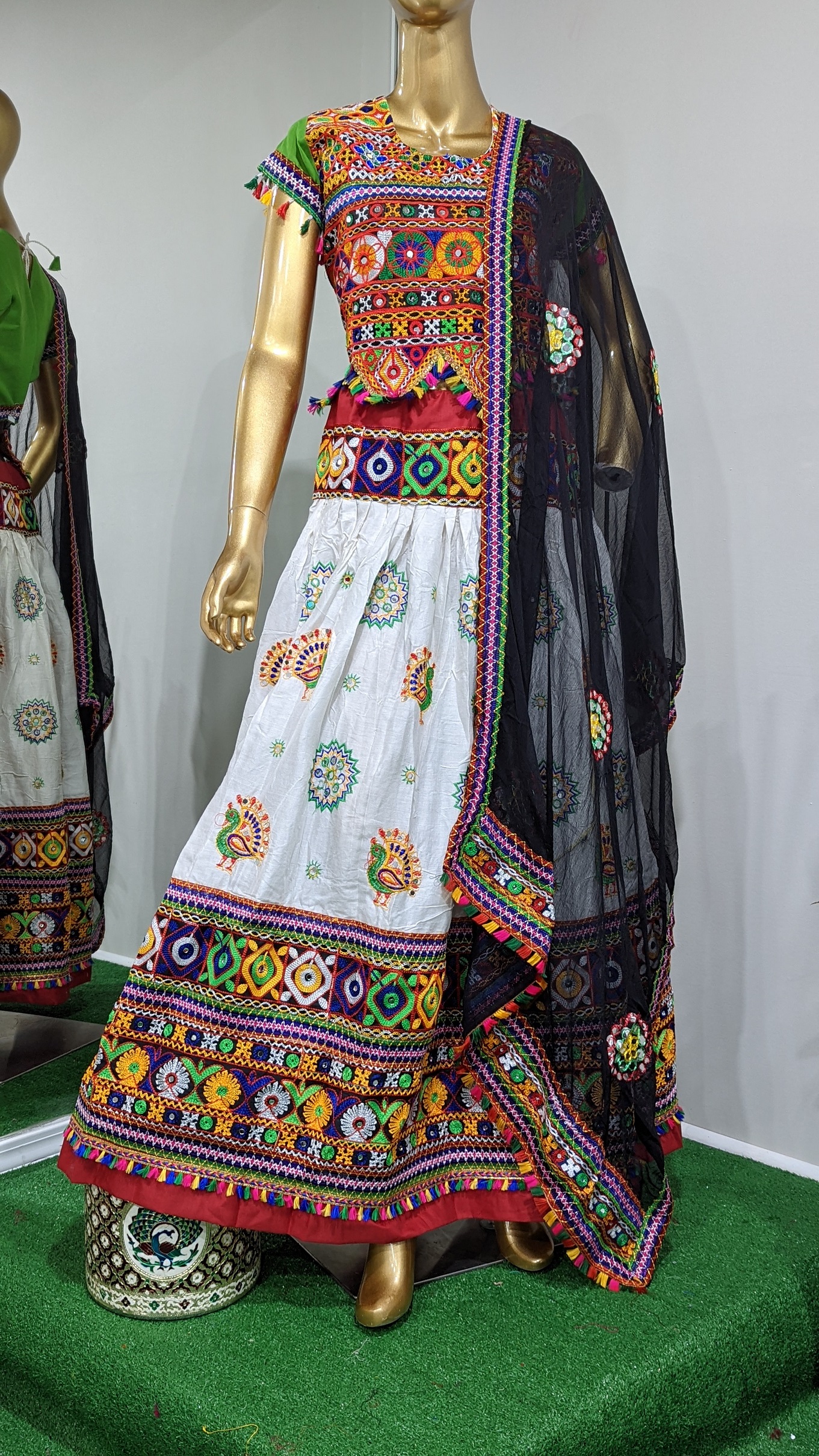 White and Black Cotton Traditional Gamthi Work Navaratri Chaniya Choli