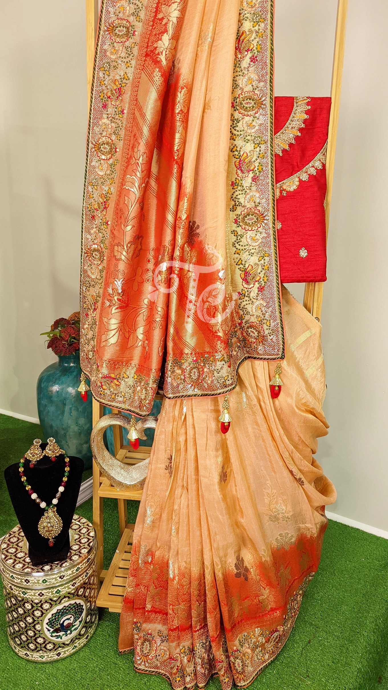 Peach and Red Hand Embroidered Saree