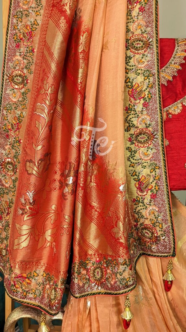 Peach and Red Hand Embroidered Saree