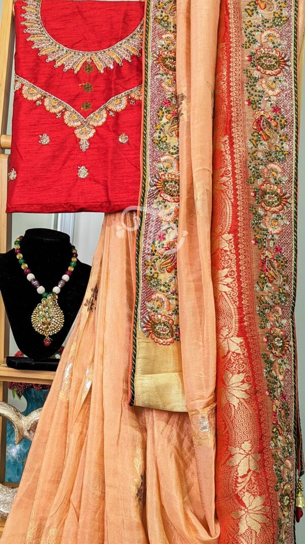 Peach and Red Hand Embroidered Saree