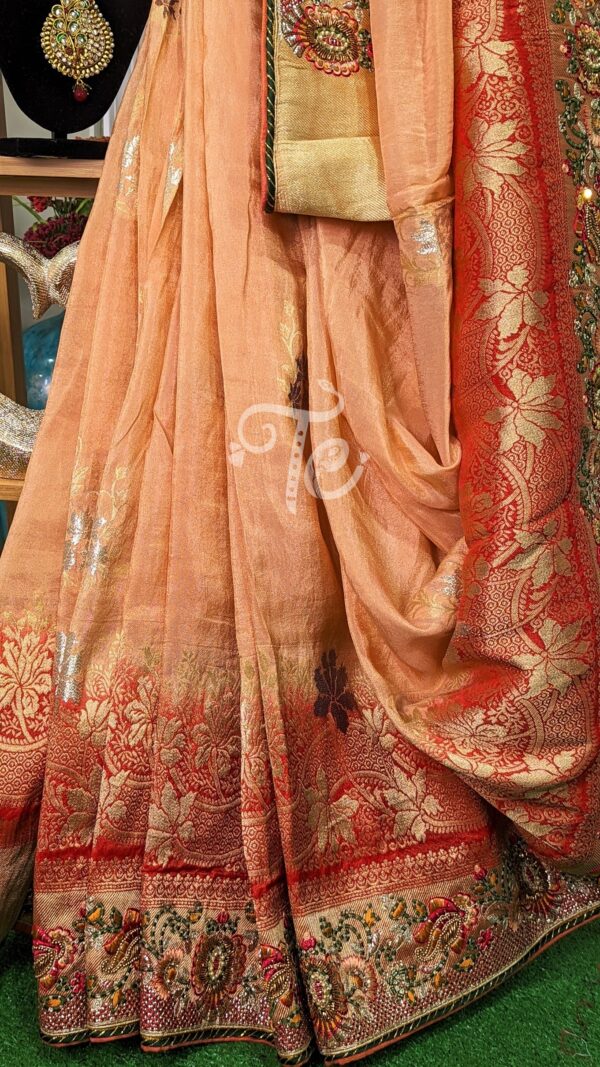 Peach and Red Hand Embroidered Saree