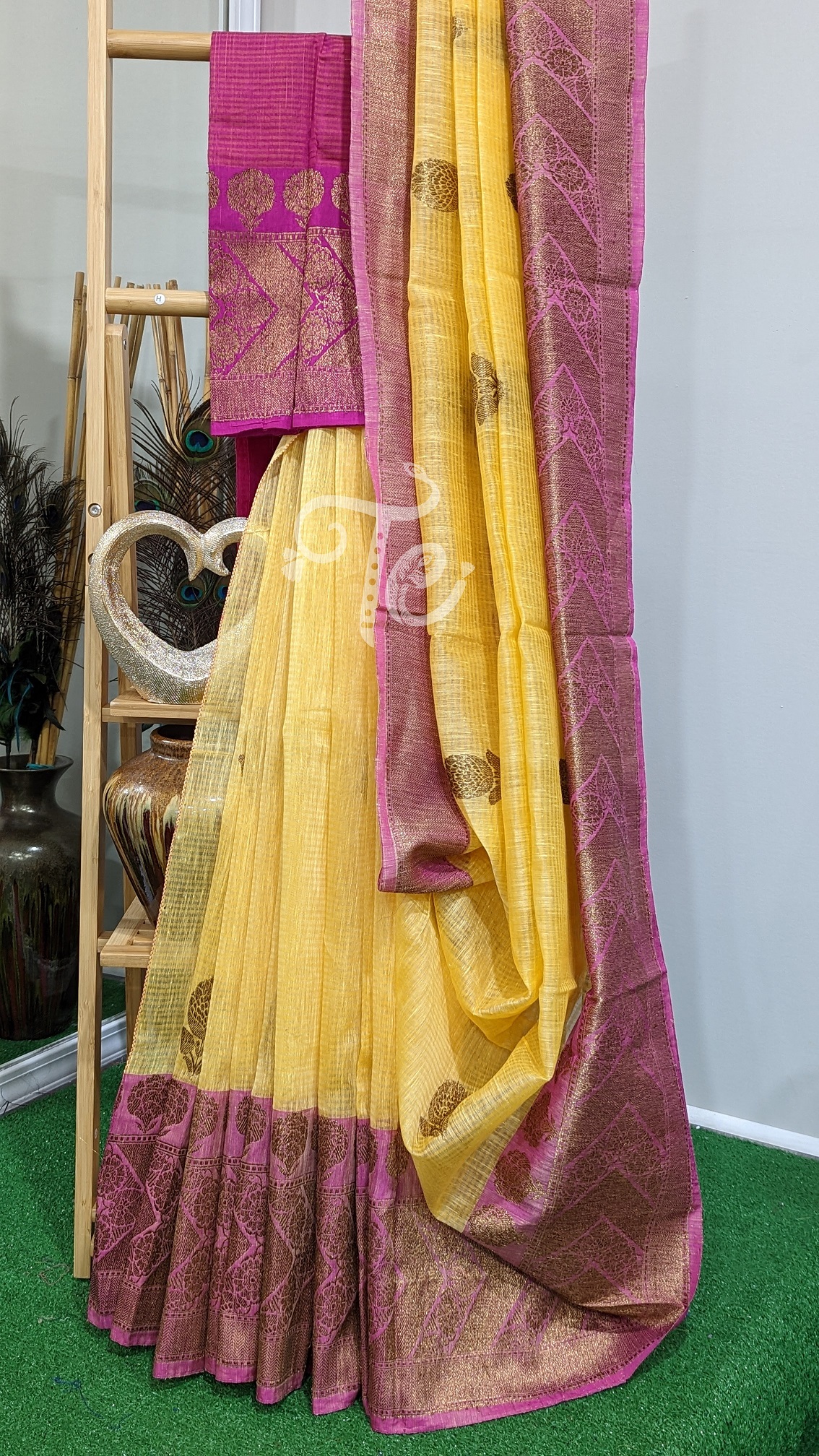 Yellow and Pink Color Handloom Pure Tussar Silk Banarasi Saree