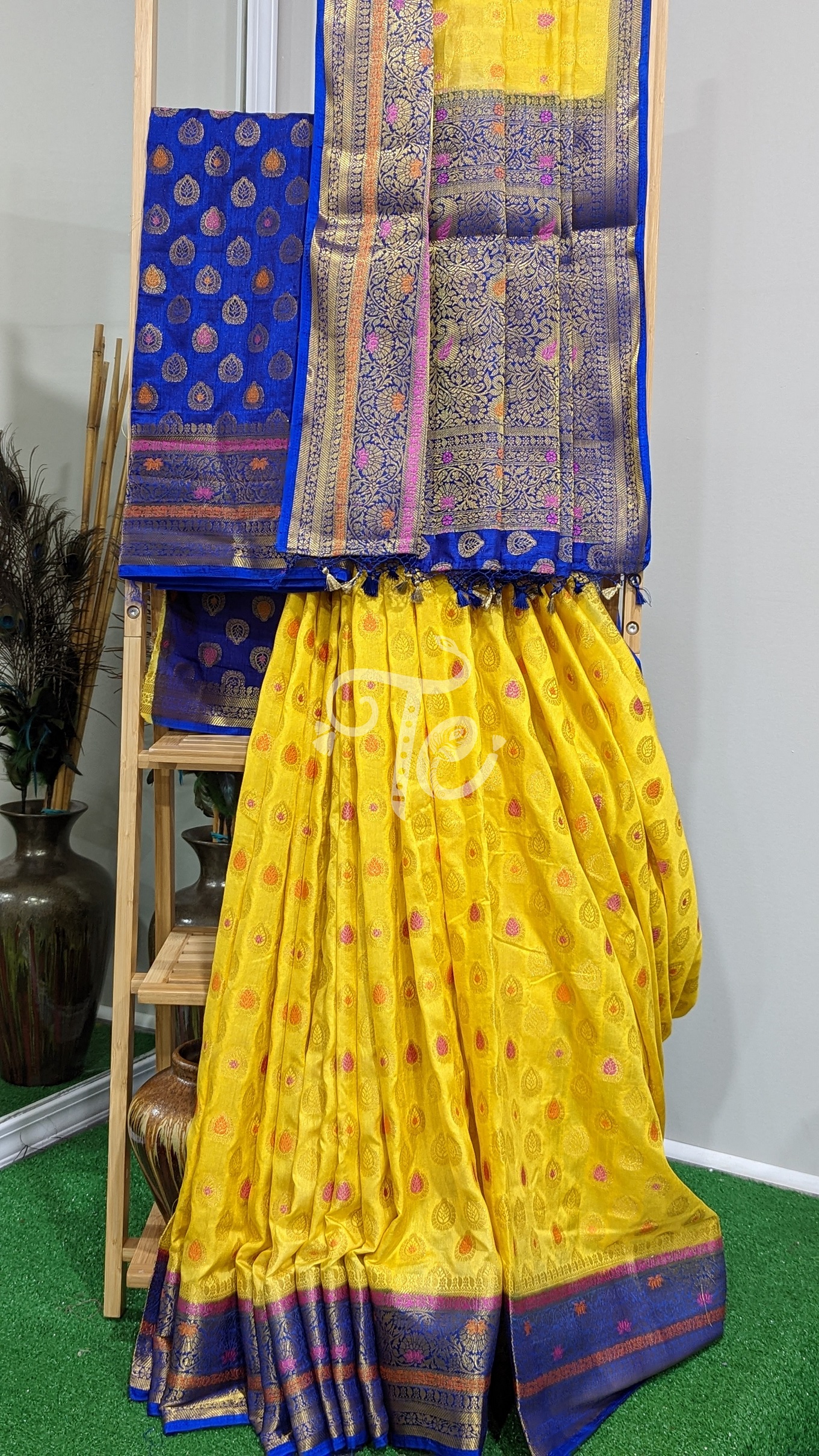 Yellow and Blue Warm Silk Meenakari Baranasi Saree