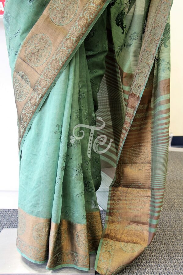 Bamboo Cotton Silk Bottle Green Embroidered Saree