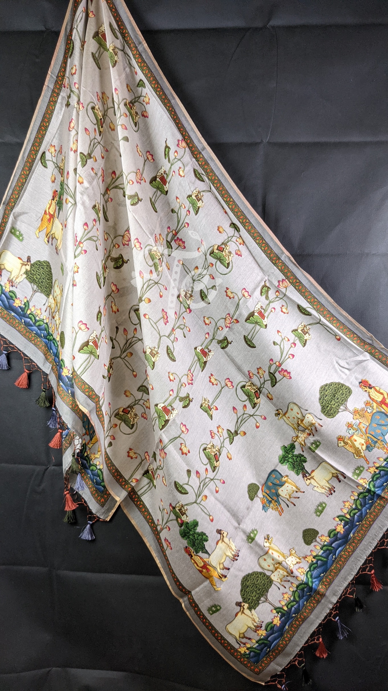 Pure Handloom Chanderi Silk Dupatta/Stole inspired with Pichwai Print