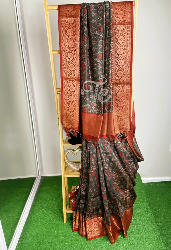 Bottle Green and Red Color Floral Printed Chanderi Cotton Silk Saree with Banarasi Border and Achal