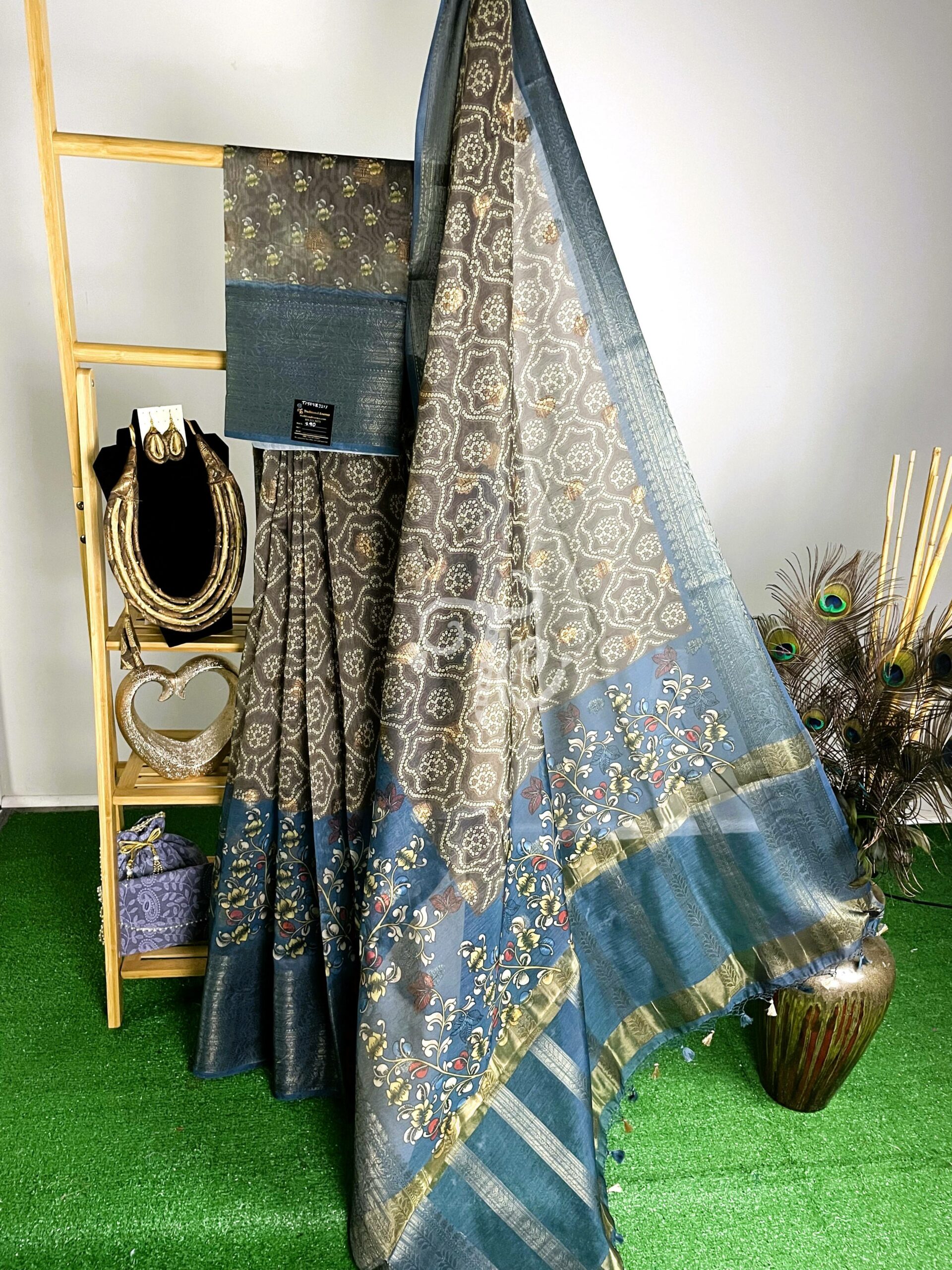 Earthy Gray and Steel Blue Color Chunari and Kalamkari Print Saree enhanced with Banarasi Border