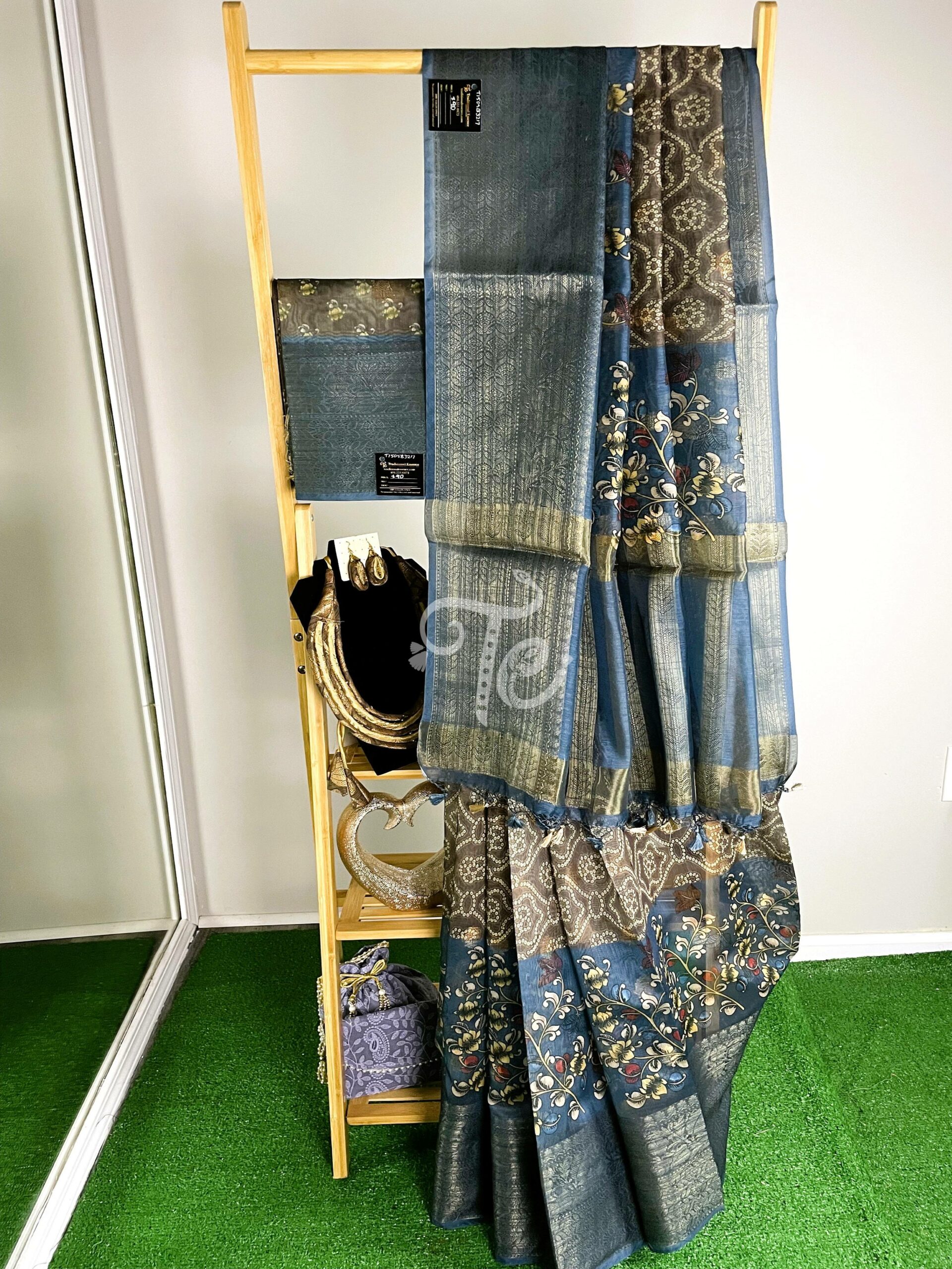 Earthy Gray and Steel Blue Color Chunari and Kalamkari Print Saree enhanced with Banarasi Border