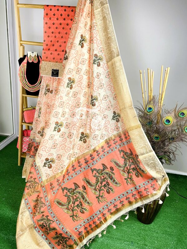 Peach and Cream Color Chunari Print Kalamkari Linen By Organza Saree with Banarasi Border