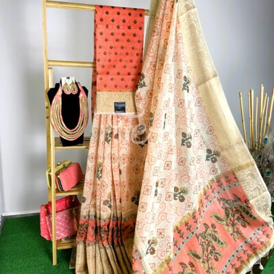 Peach and Cream Color Chunari Print Kalamkari Linen By Organza Saree with Banarasi Border