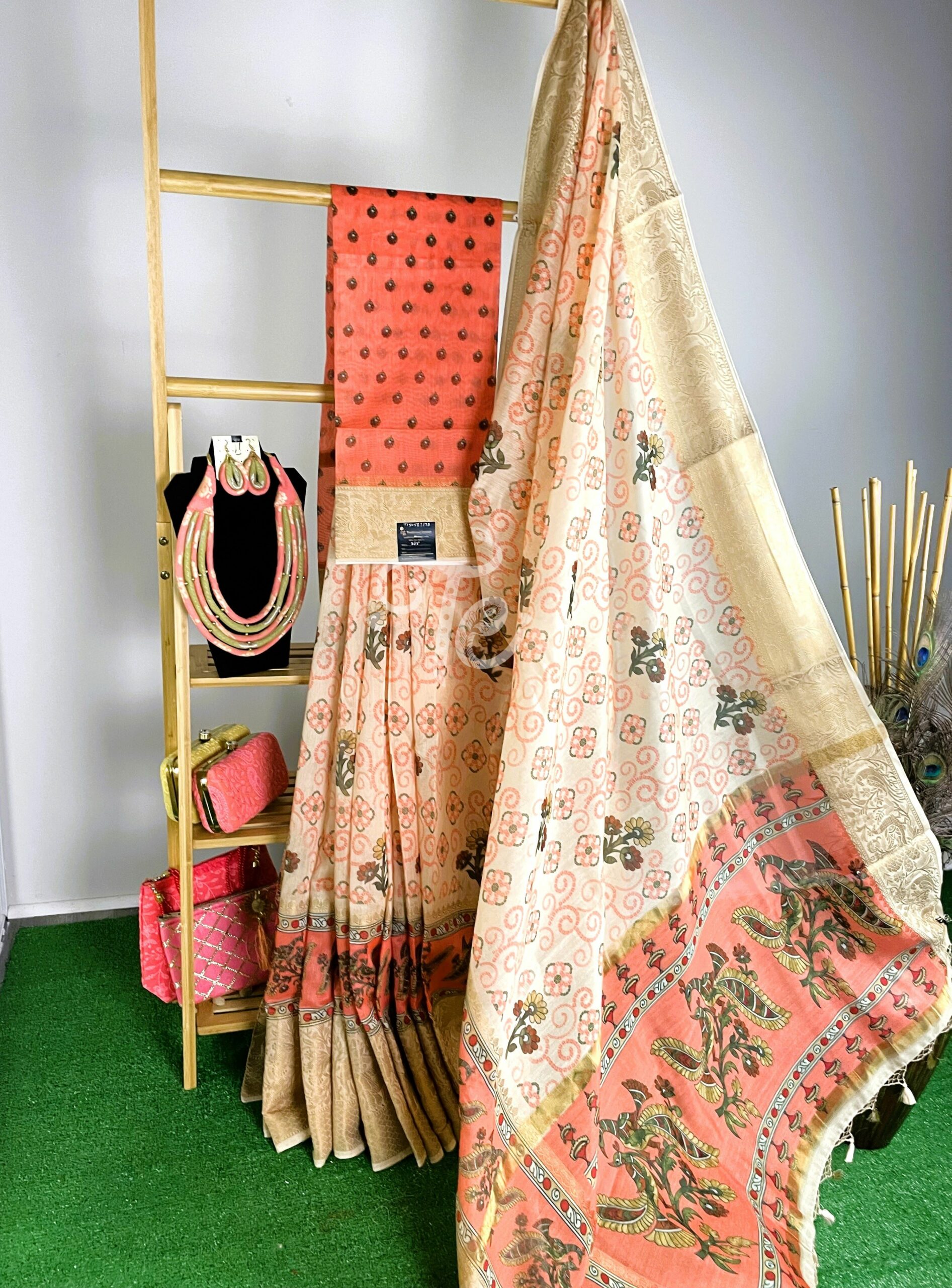 Peach and Cream Color Chunari Print Kalamkari Linen By Organza Saree with Banarasi Border