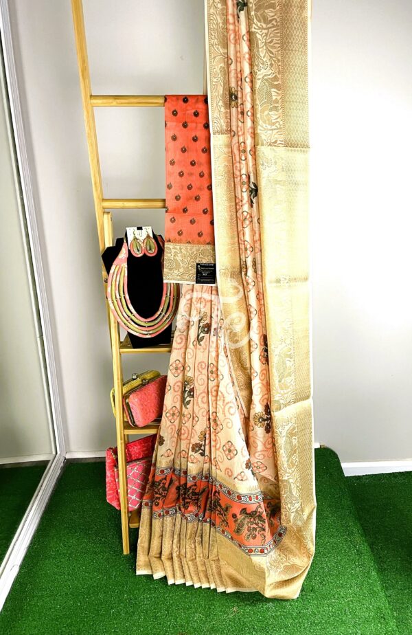 Peach and Cream Color Chunari Print Kalamkari Linen By Organza Saree with Banarasi Border