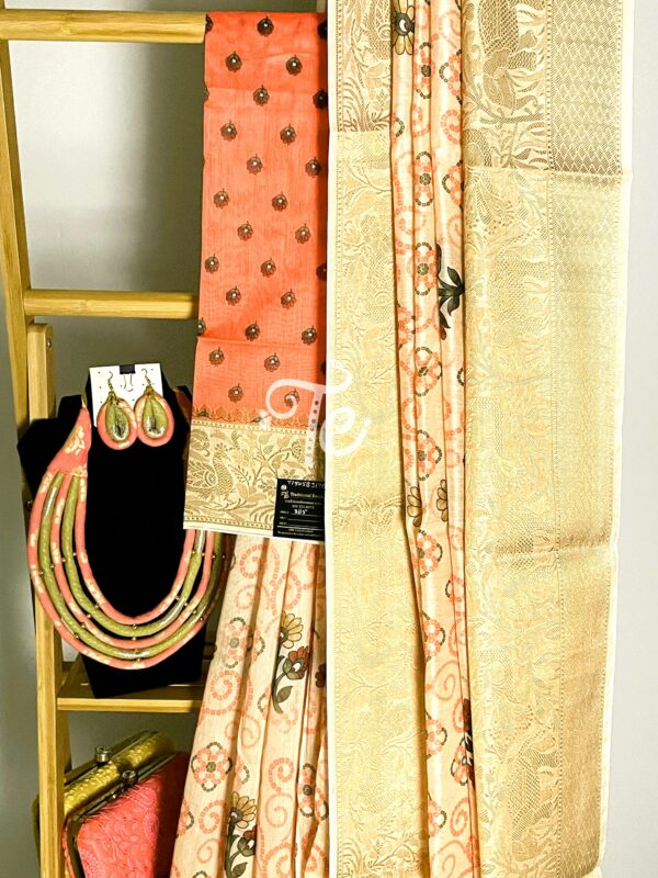 Peach and Cream Color Chunari Print Kalamkari Linen By Organza Saree with Banarasi Border