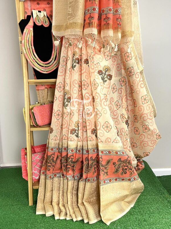 Peach and Cream Color Chunari Print Kalamkari Linen By Organza Saree with Banarasi Border