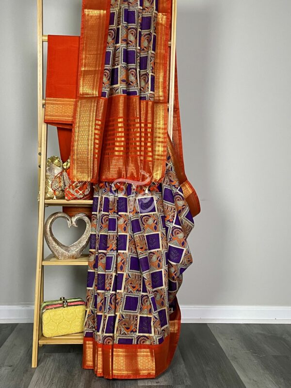 Purple and Orange Color Combination Printed Bird Motifs Chanderi Cotton Silk Banarasi Saree