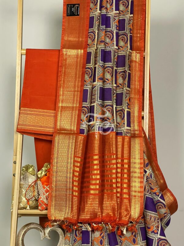 Purple and Orange Color Combination Printed Bird Motifs Chanderi Cotton Silk Banarasi Saree