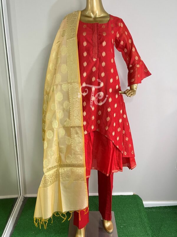 Red Color Pure Chanderi Silk Banarasi Handloom 3 Piece Silk Suit with Floral Shrug