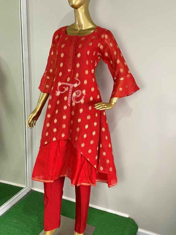 Red Color Pure Chanderi Silk Banarasi Handloom 3 Piece Silk Suit with Floral Shrug