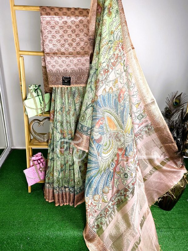 Parrot Green and Peach Color Kalamkari Print Linen Saree Enhanced with Banarasi Border