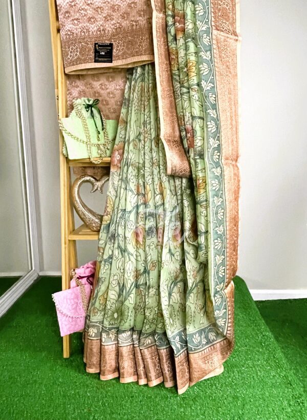 Parrot Green and Peach Color Kalamkari Print Linen Saree Enhanced with Banarasi Border