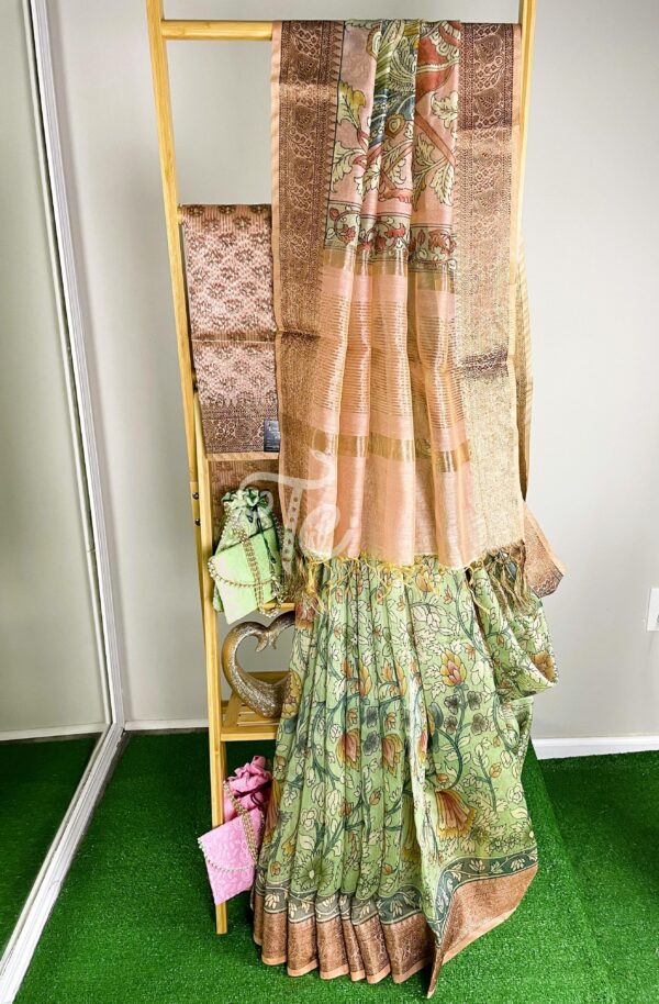 Parrot Green and Peach Color Kalamkari Print Linen Saree Enhanced with Banarasi Border