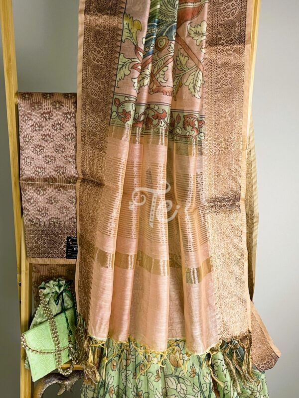 Parrot Green and Peach Color Kalamkari Print Linen Saree Enhanced with Banarasi Border