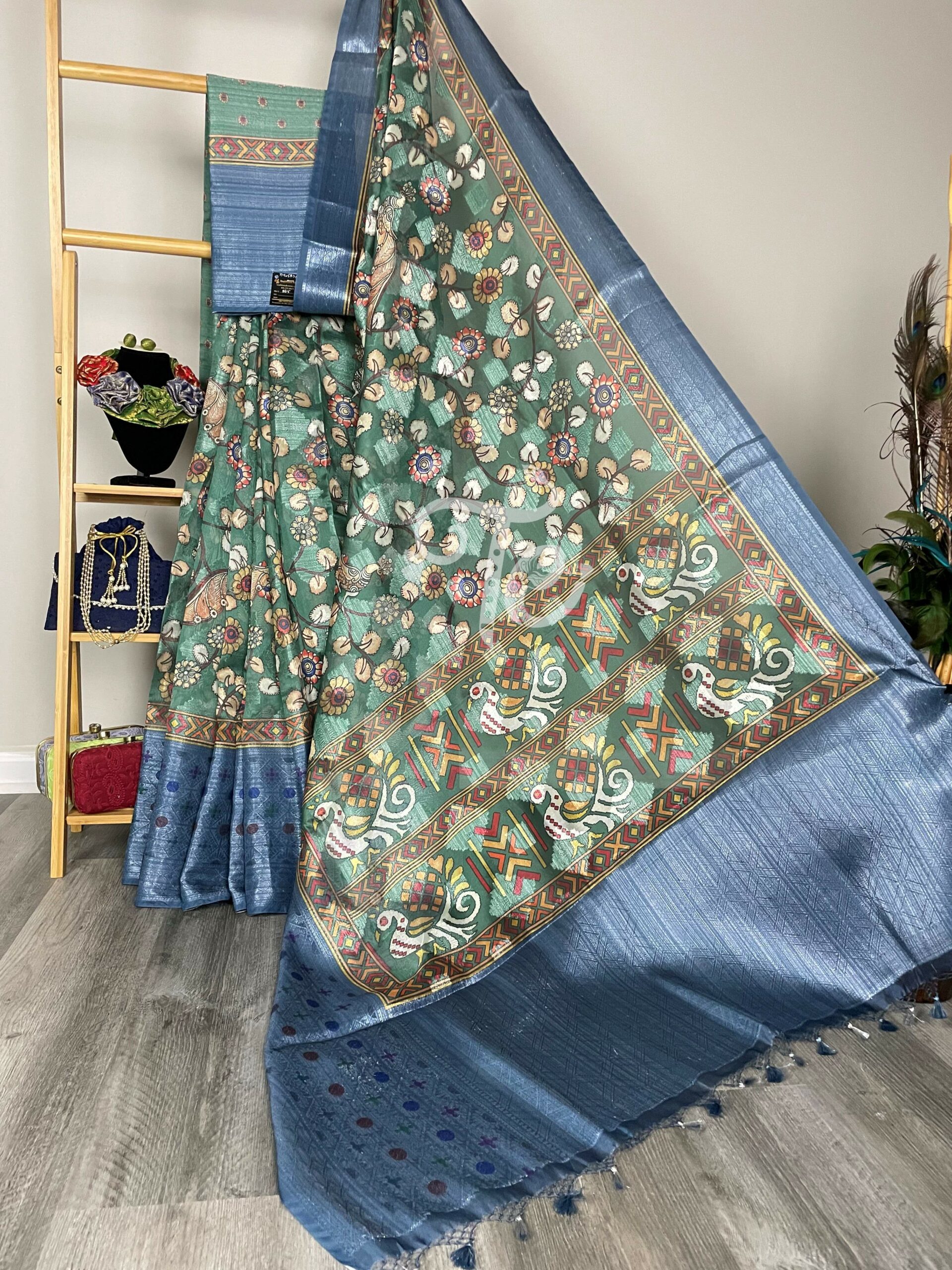 Blue and Green Color Kalamkari Digitally Printed Organza Silk With Banarasi Border