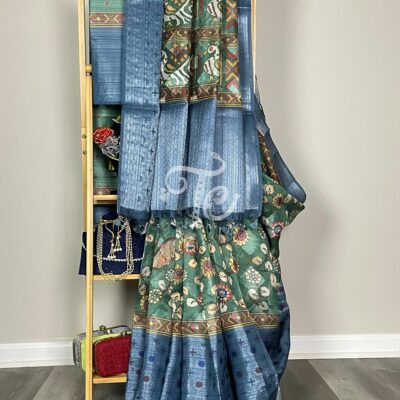 Blue and Green Color Kalamkari Digitally Printed Organza Silk With Banarasi Border