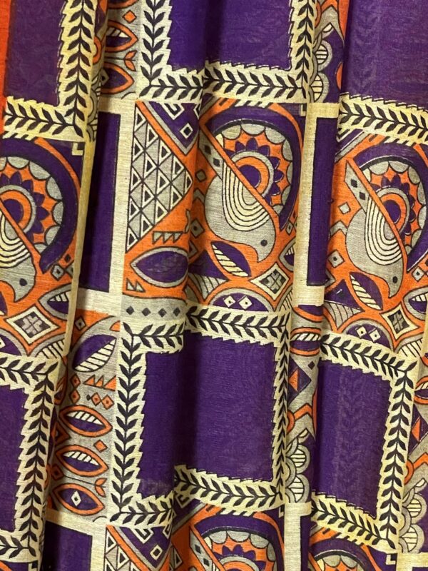 Purple and Orange Color Combination Printed Bird Motifs Chanderi Cotton Silk Banarasi Saree